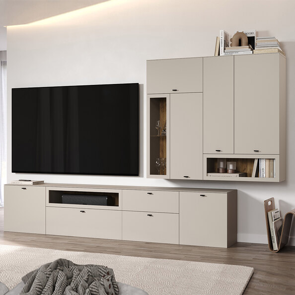 Benvia Wooden TV Stand with Wall Cabinet in Cashmere and Evoke Oak