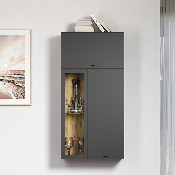 Benvia Wooden Wall Mounted Display Cabinet with 1 Flap Door in Anthracite and Evoke Oak