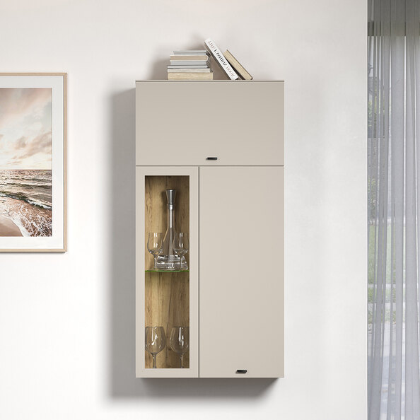 Benvia Wooden Wall Mounted Display Cabinet with 1 Flap Door in Cashmere and Evoke Oak