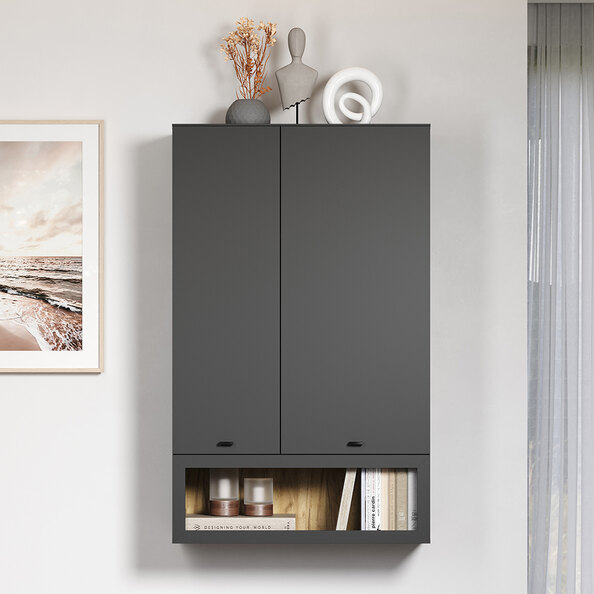 Benvia Wooden Wall Mounted Display Cabinet with 2 Doors in Anthracite and Evoke Oak