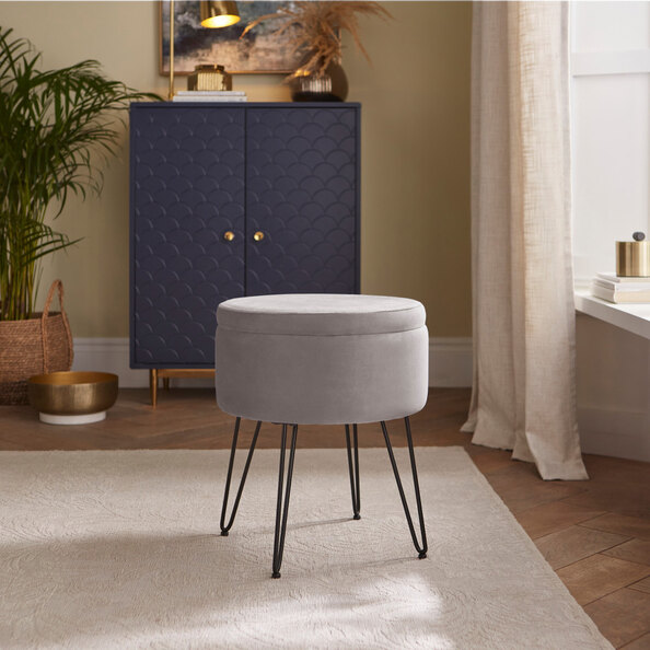 Benvora Velvet Storage Stool in Grey