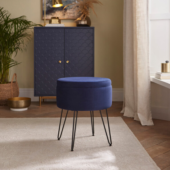 Benvora Velvet Storage Stool in Midnight Blue