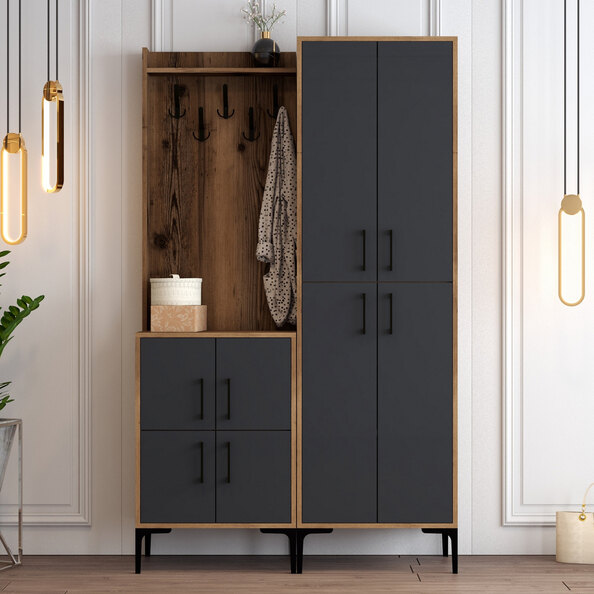 Bergen Wooden Hallway Furniture with Coat Rack in Walnut and Anthracite