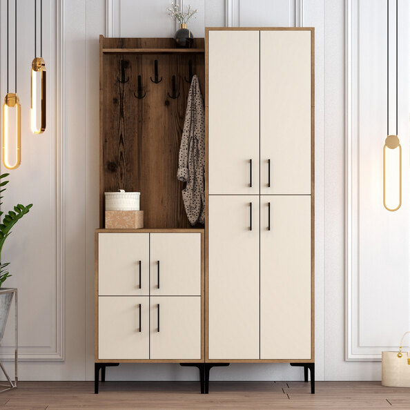 Bergen Wooden Hallway Furniture with Coat Rack in Walnut and Cream