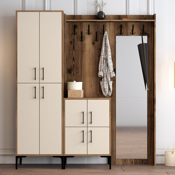 Bergen Wooden Hallway Furniture with Mirror in Walnut and Cream