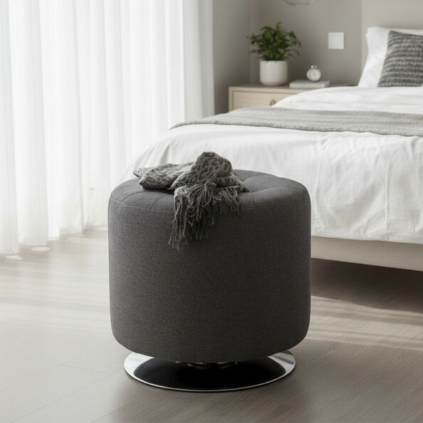 Berto Round Fabric Footstool with Chrome Metal Base in Anthracite