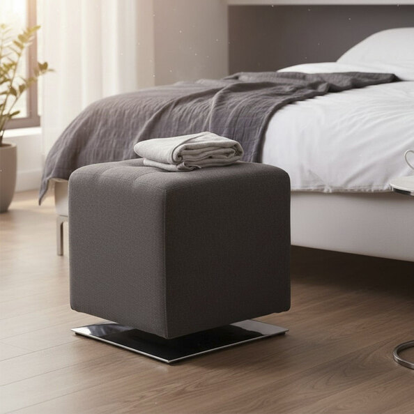 Berto Square Fabric Footstool with Chrome Metal Base in Anthracite