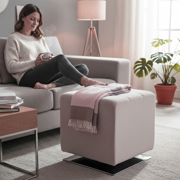 Berto Square Velvet Footstool with Chrome Metal Base in Cashmere Grey