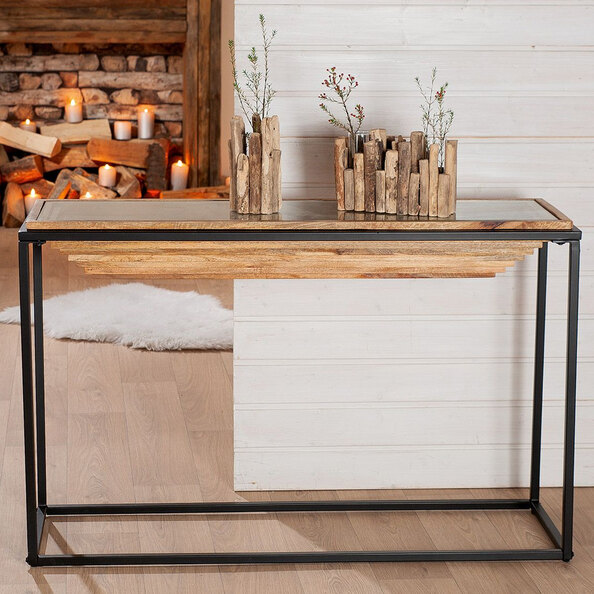 Bethany Glass Wooden Top Console Table With Black Frame