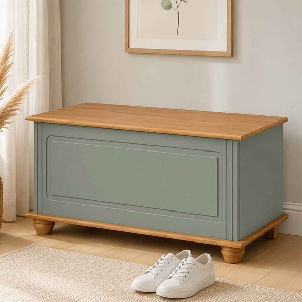 Bickley Wooden Hallway Storage Bench in Green and Stained Wax