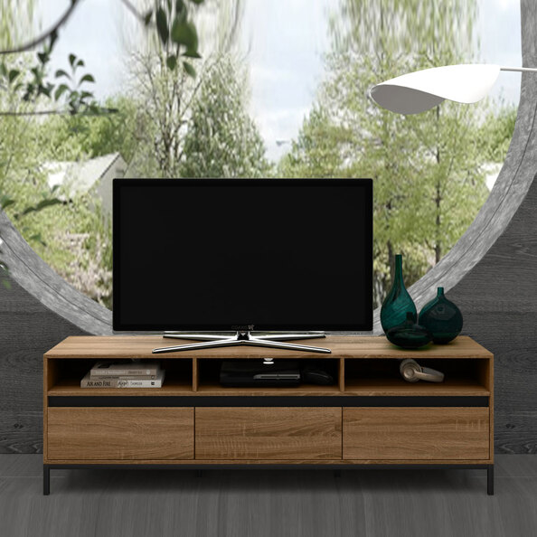 Bickston Wooden TV Stand with 3 Drawers in Natural and Black