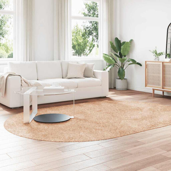 Biloxi Polyester Oval High Pile Shaggy Rug - Beige