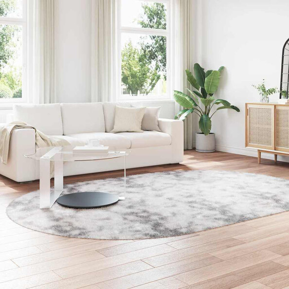 Biloxi Polyester Oval High Pile Shaggy Rug - Silver Grey