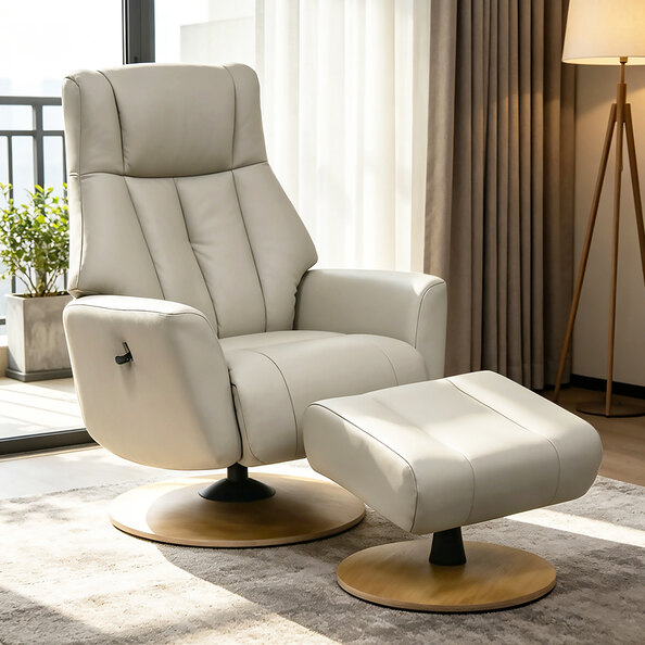 Bionel Leather Swivel Recliner Chair with Footstool in Mushroom