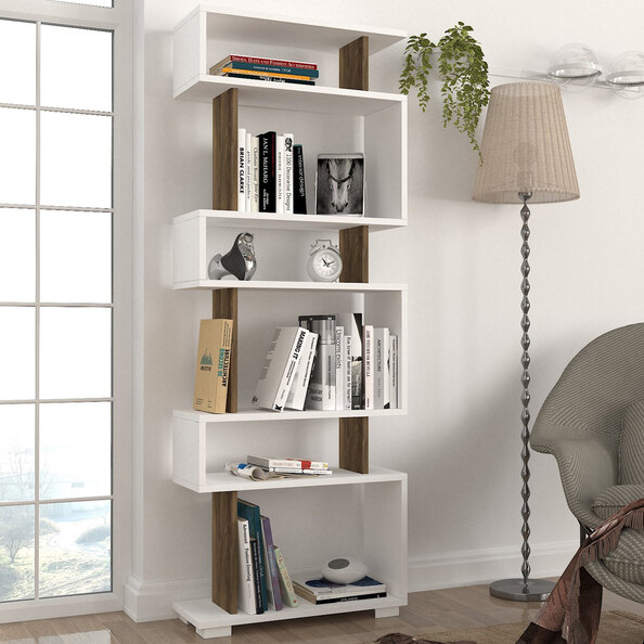 Orvello Wooden Bookcase With 6 Shelves In White And Walnut