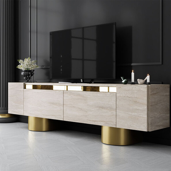 Boheme Wooden TV Stand With 2 Flap Doors In Travertine Marble Effect And Gold