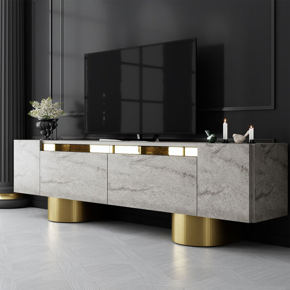 Boheme Wooden TV Stand With 2 Flap Doors In Travertine Marble Effect And Gold
