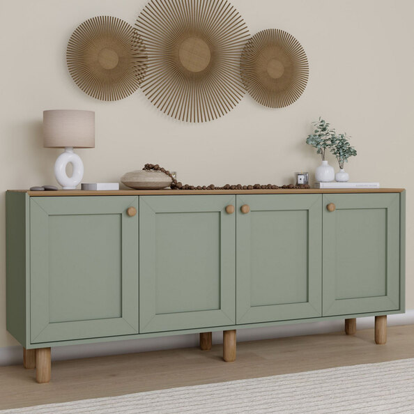Boho Wooden Sideboard With 4 Doors In Green And Oak