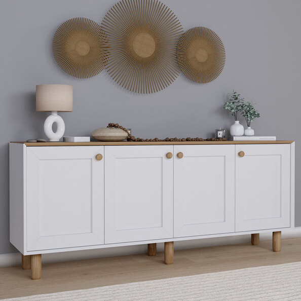 Boho Wooden Sideboard With 4 Doors In White And Light Walnut