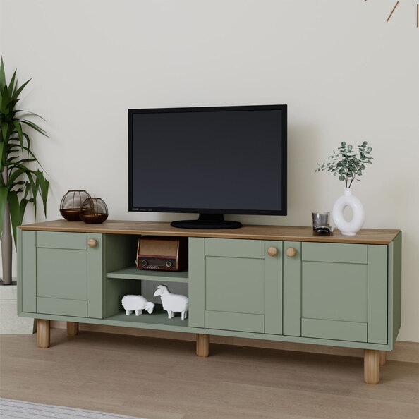Boho Wooden TV Stand With 3 Doors In Green And Oak