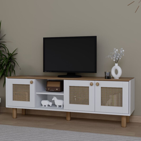 Boho Wooden TV Stand With 3 Rattan Cane Doors In White And Garden Oak