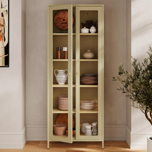 Boise Steel Display Cabinet With 2 Glass Doors - Matte Beige