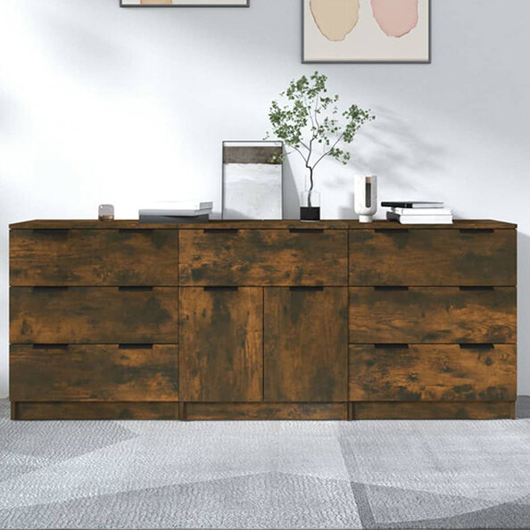 Bolivar Wooden Sideboard With 2 Doors 7 Drawers In Smoked Oak