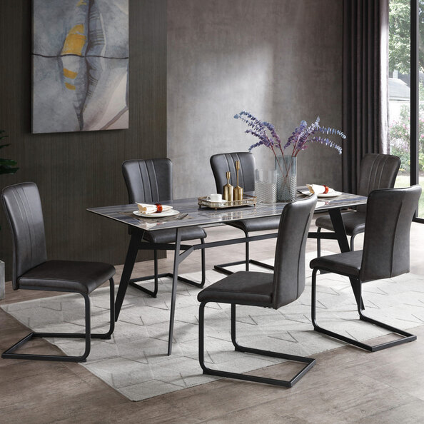 Bolivia Glass Dining Table With 6 Antique Grey Chairs In Blue Mist