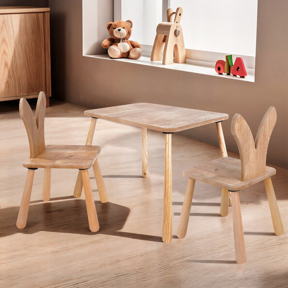 Borin Solid Pine Bunny Shape Kids Table with 2 Chairs in Oak