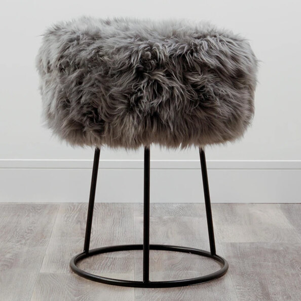 Bovril Sheepskin Stool With Black Metal Legs In Grey
