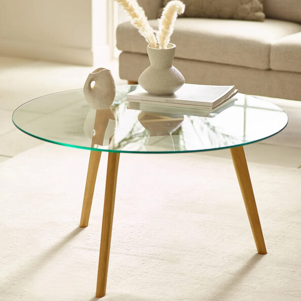 Bowler Glass Top Round Coffee Table - Light Oak