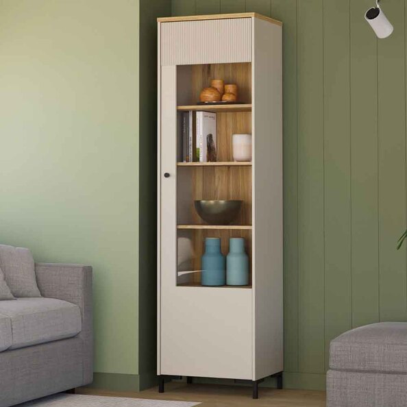Bramley Tall Wooden Display Cabinet with 1 Door in Mauvella Oak and Sand