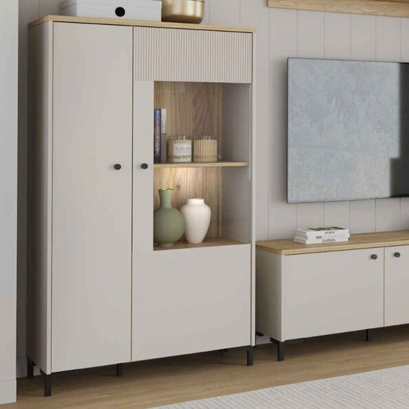 Bramley Wooden Display Cabinet with 2 Doors in Mauvella Oak and Sand