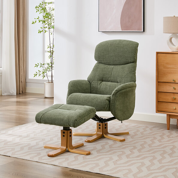 Brelon Fabric Swivel Recliner Chair with Footstool in Kellygreen