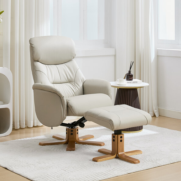 Brelon Leather Swivel Recliner Chair with Footstool in Mushroom