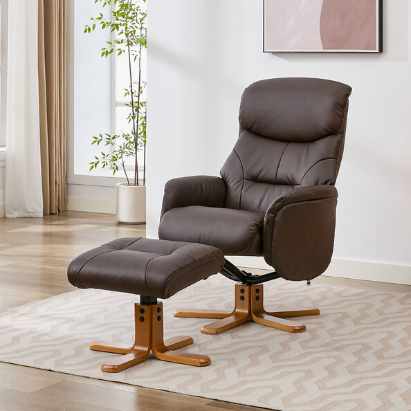 Brelon Leather Swivel Recliner Chair with Footstool in Russet