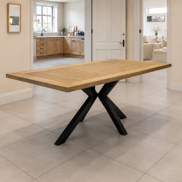 Breno Oak Veneer Dining Table with Matt Black X-Shaped Legs