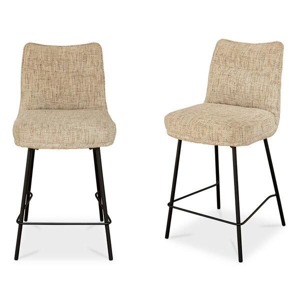 Breno Oatmeal Chenille Fabric Counter Bar Stools with Black Metal Legs in Pair