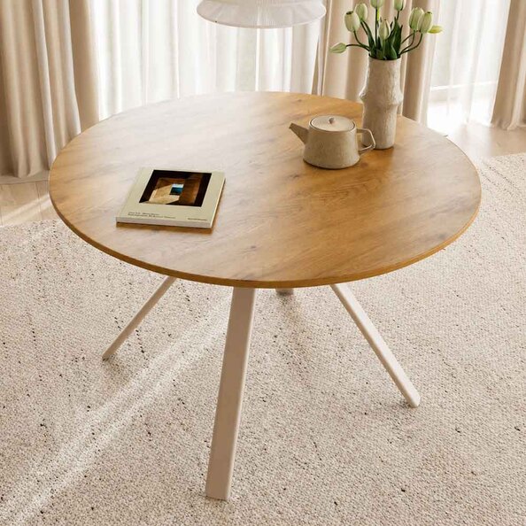 Briston Round Wooden Dining Table in Wild Oak and Grey