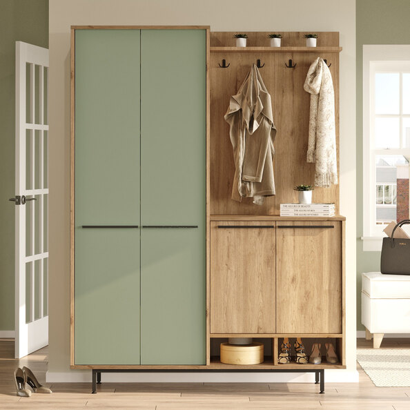 Brivon Wooden Hallway Furniture with 2 Green Doors in Oak