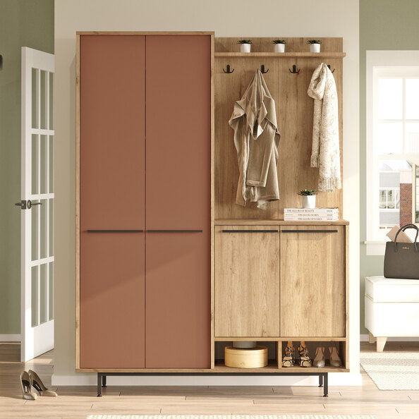 Brivon Wooden Hallway Furniture with 2 Red Tile Doors in Oak
