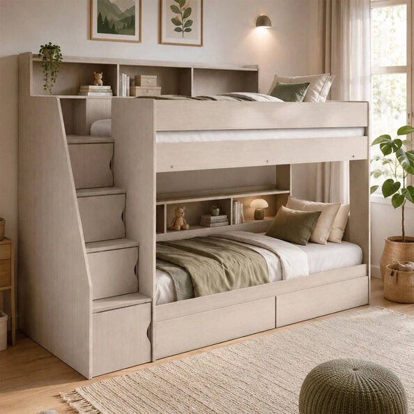 Cadott Wooden Bunk Bed with Stairs in White