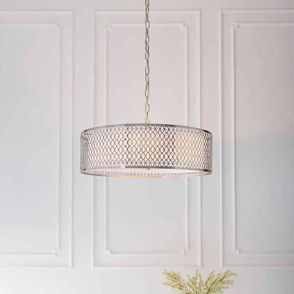 Cagney 3 Light White Fabric Shade Pendant Light In Satin Nickel