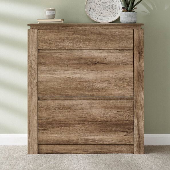 Caister Wooden Shoe Storage Cabinet With 2 Flap Doors In Grey Oak