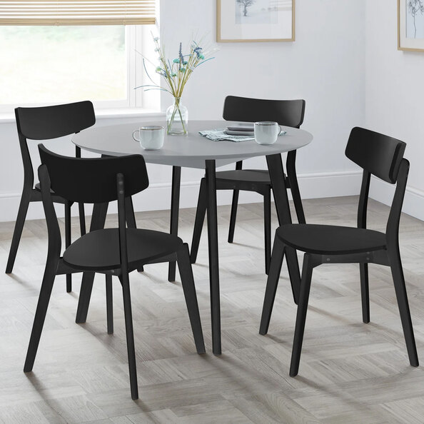 Calah Grey Wooden Round Dining Table With 4 Black Chairs
