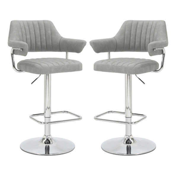 Calais Light Grey Leather Bar Stools With Chrome Base In Pair
