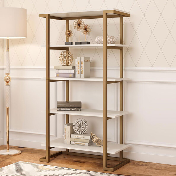 Calgary Wooden Bookcase with Gold Frame in White