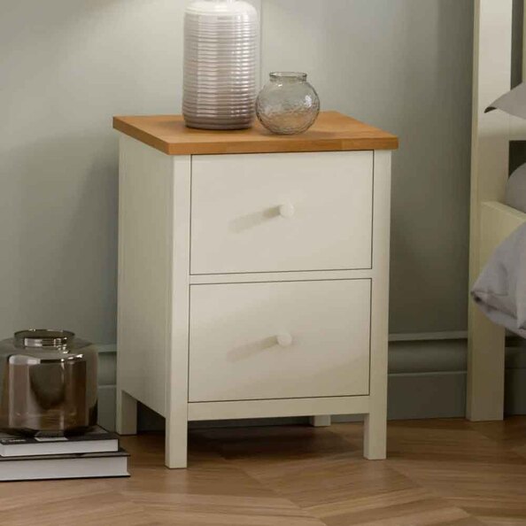 Calliope Wooden Bedside Cabinet with 2 Drawers in Ivory and Oak
