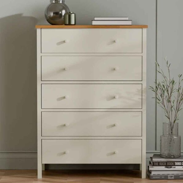 Calliope Wooden Chest of 5 Drawers in Ivory and Oak