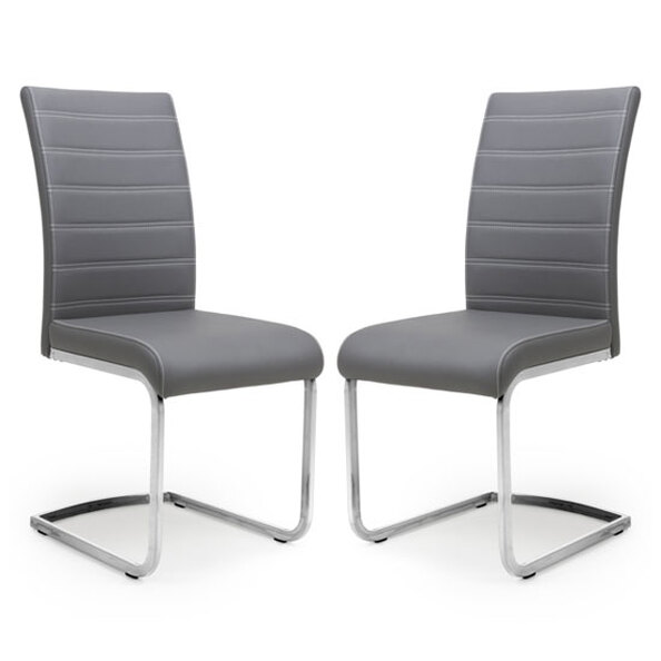 Conary Grey Leather Dining Chairs With Chrome Legs In Pair